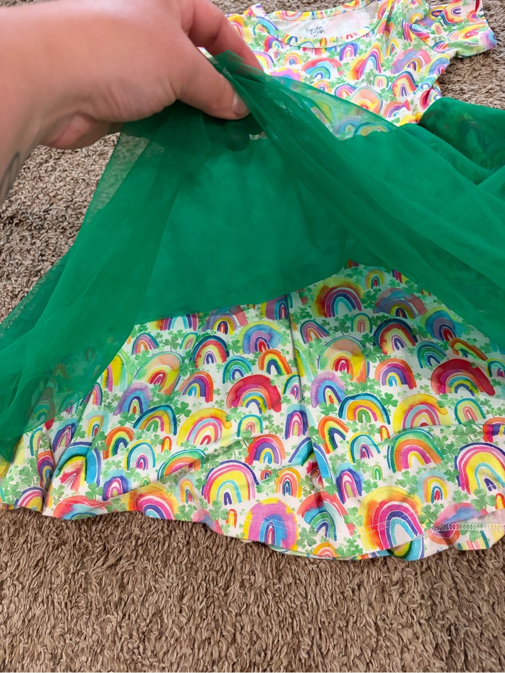 Birdie Bean Vibrant Rainbow Pattern W/ Green Tulle Overlay Size 4T - Picture 4 of 5